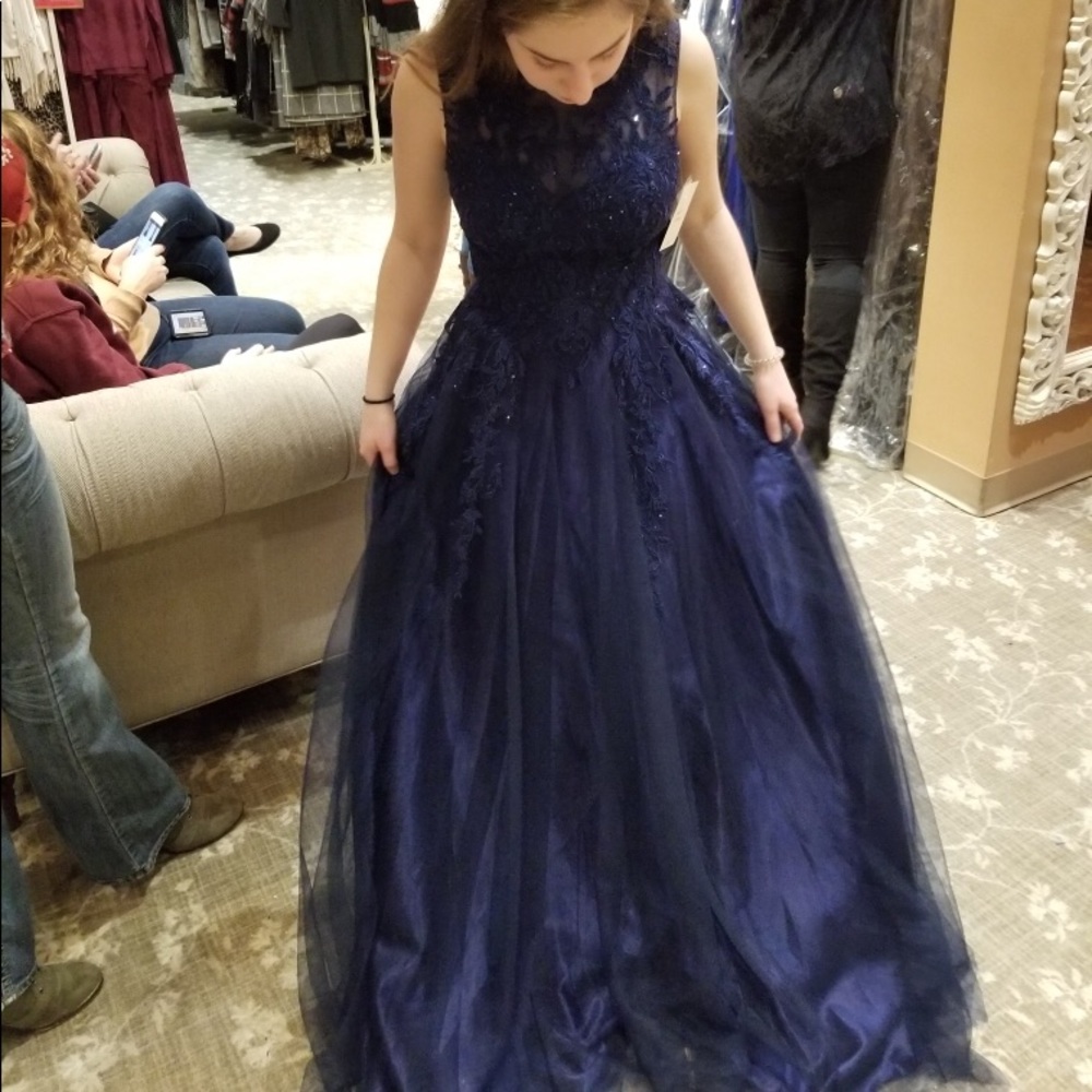 Navy Blue, High Neck, Embroidered, Gown